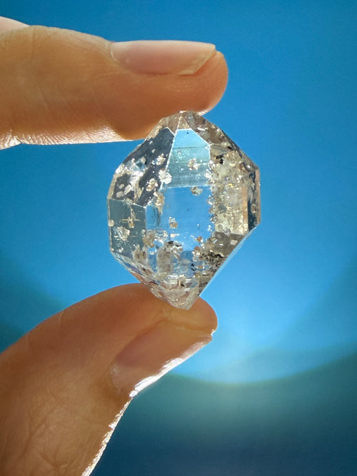 Elestial Quartz Crystal - White Inclusions & Rainbow Flash