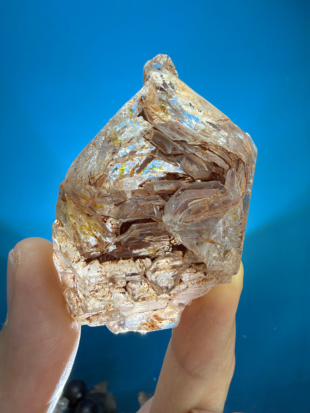 Red Mud Elestial Quartz with Hand-Carved Wood Stand - 69.5g - 1.JPG